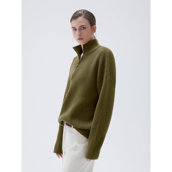 Women Olive Green Oversized Cashmere Collared Ribbed Long Sleeve Sweater - Picture 4 of 7